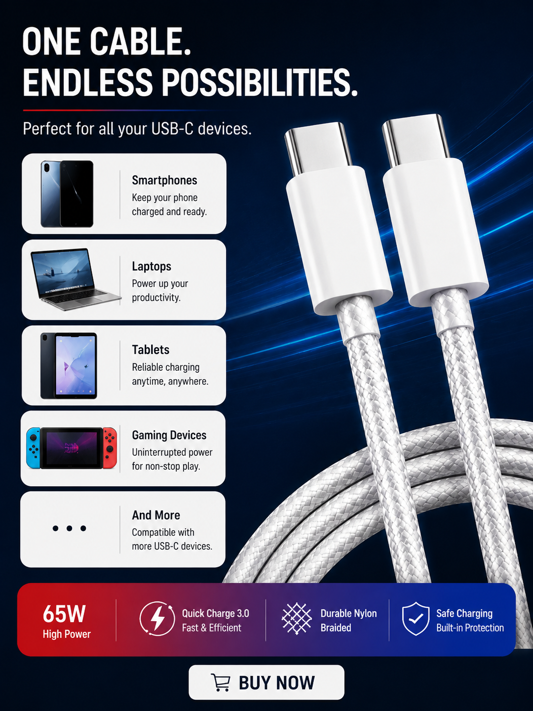 Braided USB-C to C Cable 3A/5A 60W/100W – Fast Charge & CarPlay